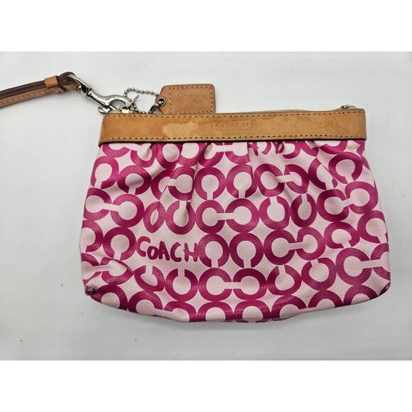 Coach Leah Opt Art Pink Coated Canvas Tan Leather Cosmetic Toiletry Make-up Bag - Picture 11 of 11